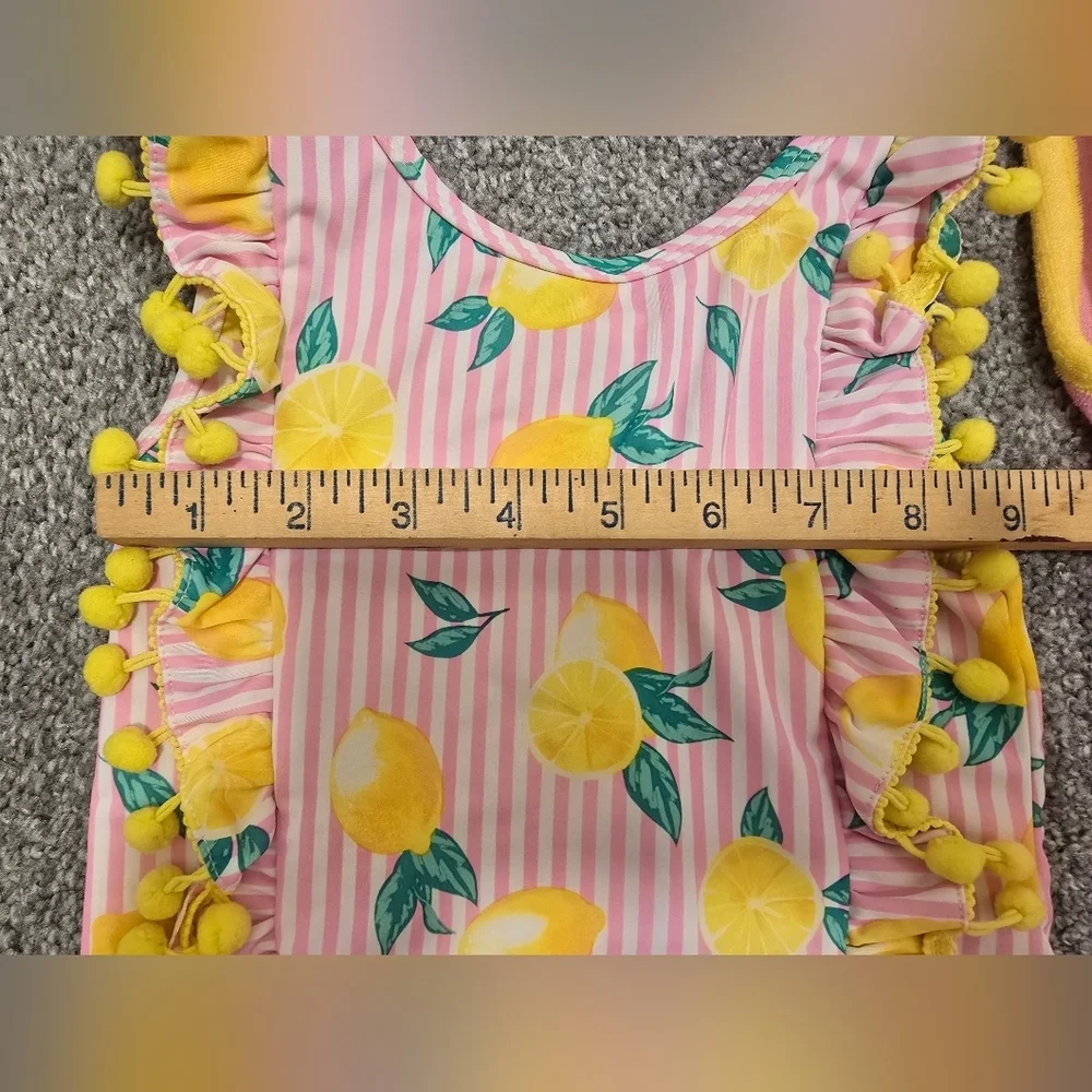 Nicole Miller New York Girls Size 6 Bathing Suit & Cover Up Pink Lemons Pom Poms